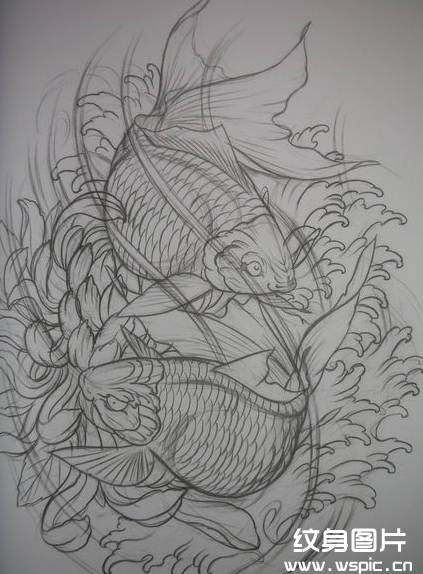 黑白鲤鱼纹身手稿