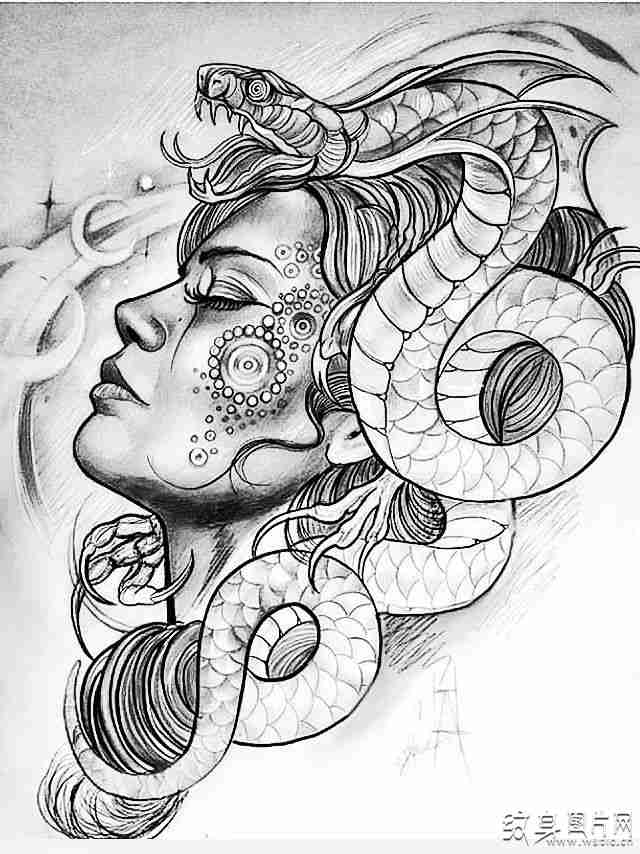 蛇女纹身图案及手稿欣赏，来自古希腊的神奇传说故事