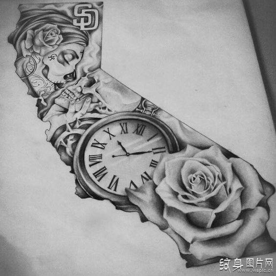 玫瑰时钟纹身设计与手稿 欧美纹身代表作之一