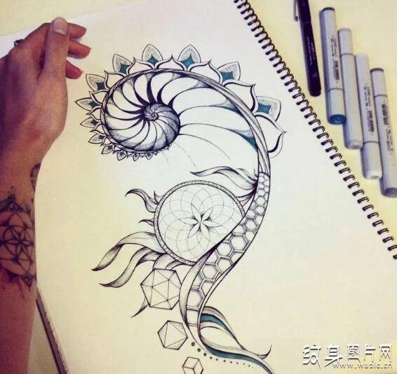 佛教八大吉祥符号之一 黑白海螺纹身图案及手稿