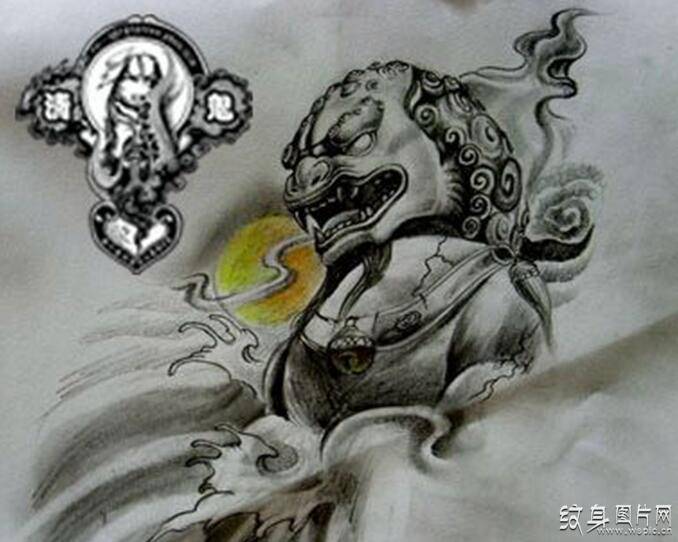 民间传统的吉祥标志 石狮子纹身图案及手稿