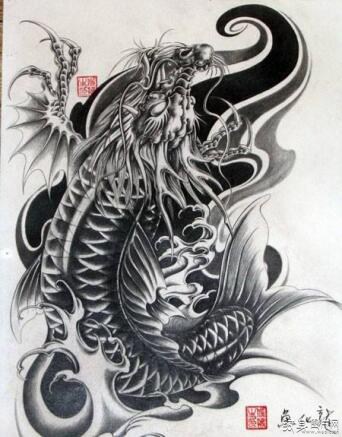 鳌鱼纹身图案及手稿，象征着步步高升