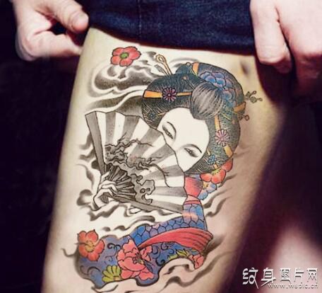 腿部扇子纹身图案及手稿 炫酷多彩的设计风格